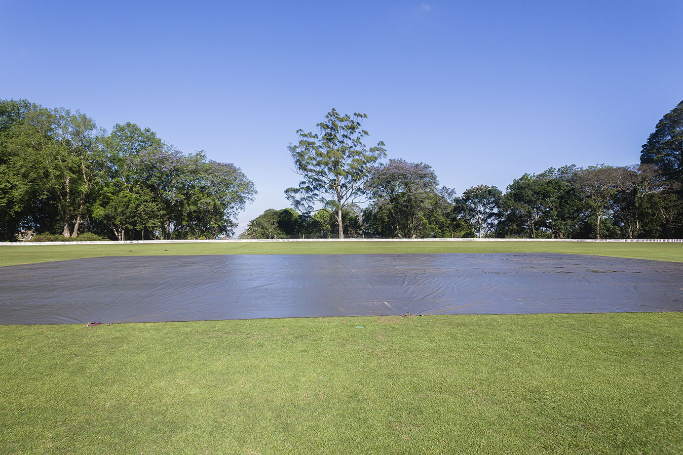 Cricket pitch plastic covers on countryside field for overnight rains.